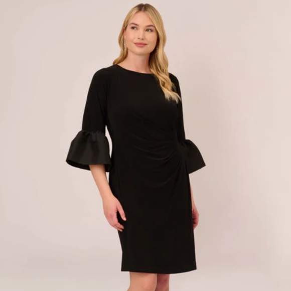 Adrianna Papell black draped jersey short sheath dress with bell cuffs 6 NWT
